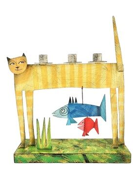 ACME Animal Canada Cat With hanging Fishes, 3 Candle Holder Handcrafted Signed